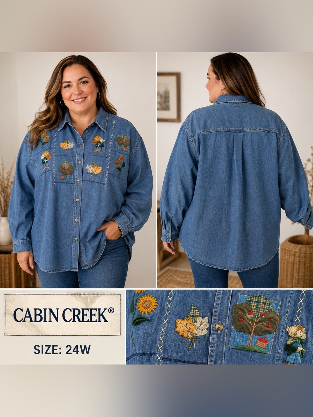 Vintage Cabin Creek Women’s 24W Denim Shirt Embroidered Appliqué Cottagecore